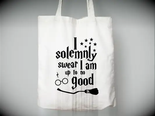 I solemnly swear I am up to no good white tote with HP graphics like Harry