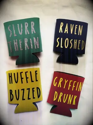 Themed koozies for each HP house with puns