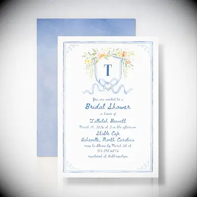 Blue watercolor Italian themed bridal shower invitation