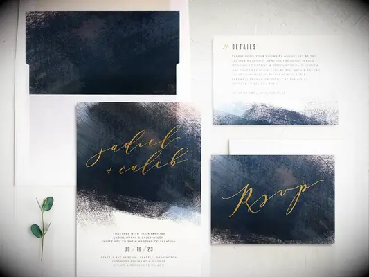 Blue and gold water color brushed wedding invitations