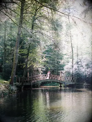 A couple shares an intimate moment on a romantic bridge over the water.