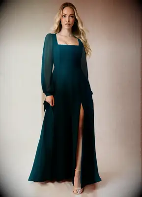 Pine A-Line Long Sleeve Chiffon Floor-Length Wedding Guest Dress