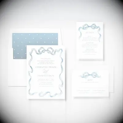 Simple blue ribbon wedding invitations