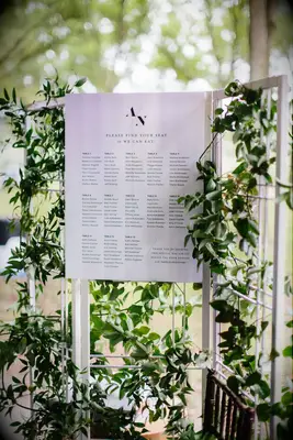Modern, Bold Typography on Seating Chart Against Rustic Greenery