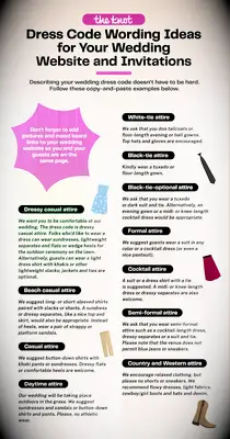 Free, printable graphic of wedding dress code wording for your wedding website and invitations to copy and paste.