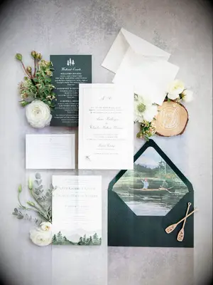 Fishing-themed green-and-white wedding invitation
