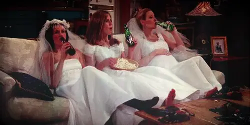 Friends Monica, Rachel and Phoebe in wedding dresses