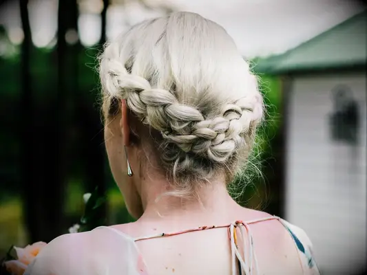Bridesmaid updo braided halo