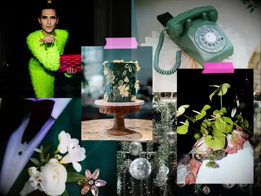 example of a green wedding color mood board to inspire your vision board