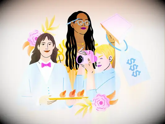 Illustration of various wedding vendors, the knot magazine summer 2025 issue