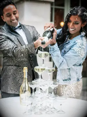 Champagne tower at a winter elopement. 