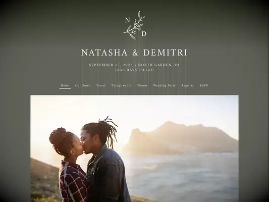 the knot free wedding website example with white botanical branch drawing against olive green background