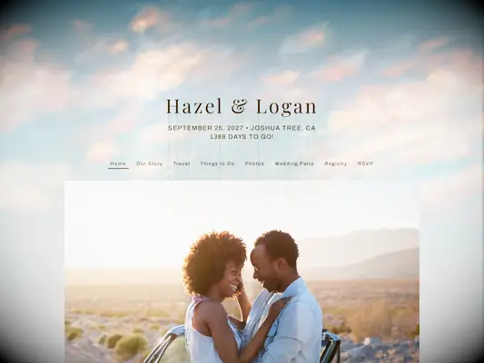 the knot free wedding website example with pink watercolor clouds against blue backdrop 