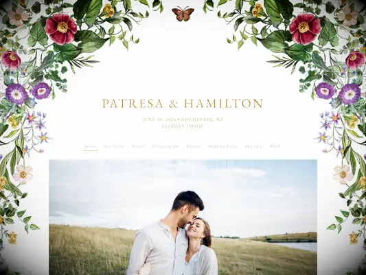 the knot free wedding website example with colorful wildflower and greenery border featuring a butterfly at the center