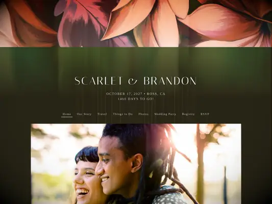 the knot free wedding website example with abstract orange and burgundy fall botanicals with a dark green background