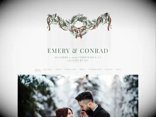 the knot free wedding website example featuring a holiday wreath and garland with red ribbons at the top