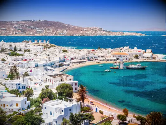 Panoramic view of Mykonos, Greece.