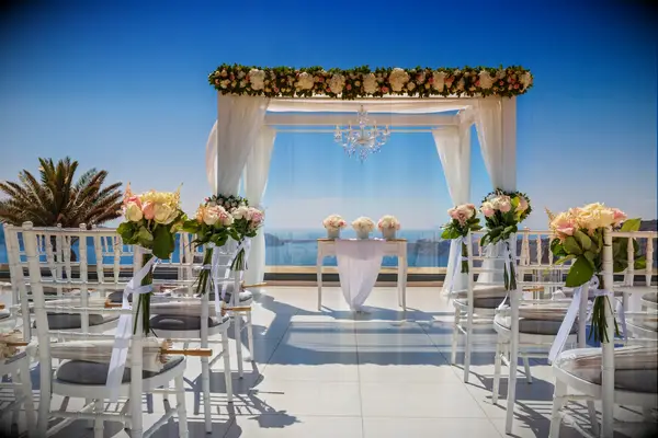 Destination wedding ceremony decorations in Greece