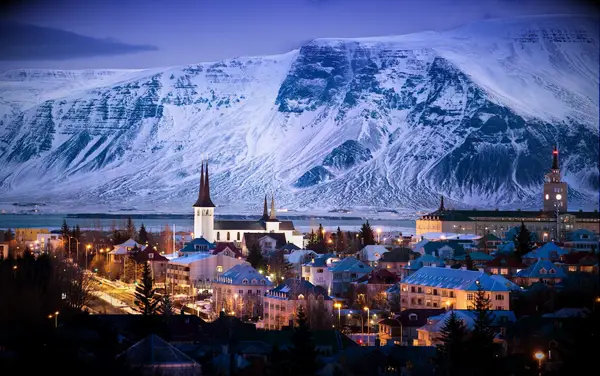 City skyline at dusk, Reykjavik, Iceland