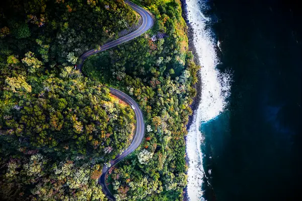 Aerial view of S shaped road on the road to Hana, Maui island, Hawaii