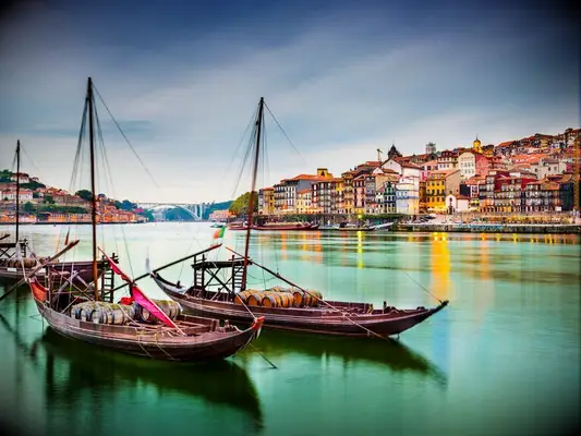 Boats in the water beside a seaside town in portugal