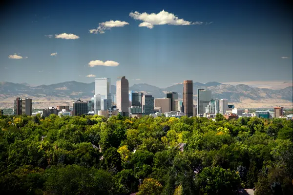 denver city skyline in the summer with the rocky mountains in the backdrop and greenery in the foreground