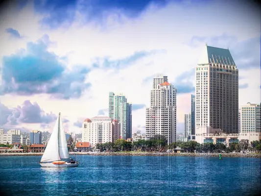 Sailing boat and San Diego skyscrapers