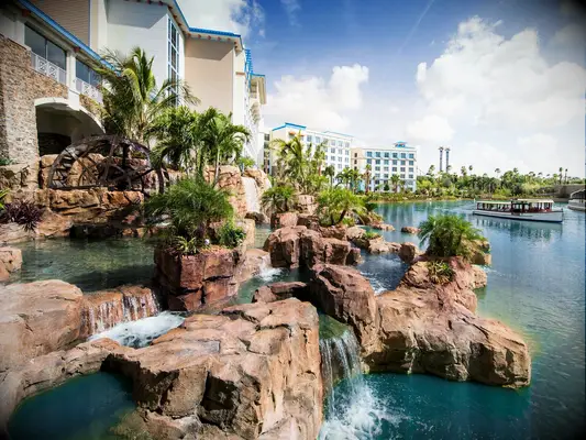 Resort in Orlando showing water feature and boat