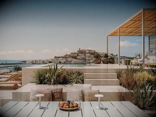 ibiza views of dalt vila ancient historic town on a terrace for honeymooners