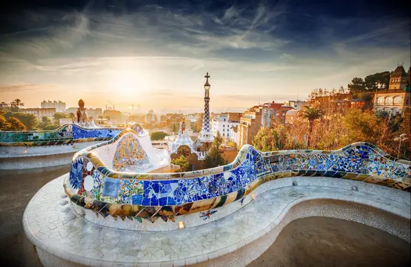 Beautiful view from a Barcelona park at sunrise. 