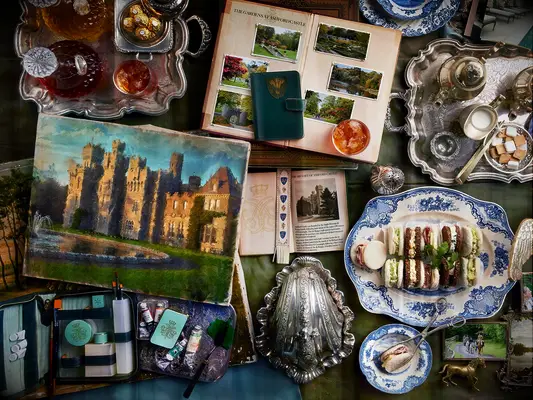 Ashford Castle collage of tea sandwiches tea time cocktails and a castle painting