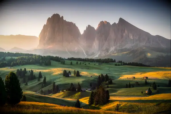 Alpe di Siusi and Langkofel Group Mountain at Sunrise, Dolomites, Italy