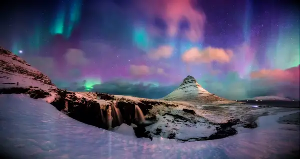 Panoramic View of Kirkjufell Mountain with Aurora