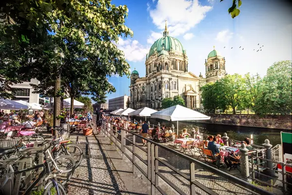 View of Spree River and Berliner Dom, Berlin, Germany. Image taken outdoors, daylight, in summer. 