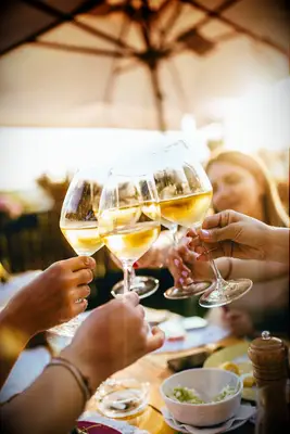 Group of friends cheersing wine glasses on bachelorette party wine tour 