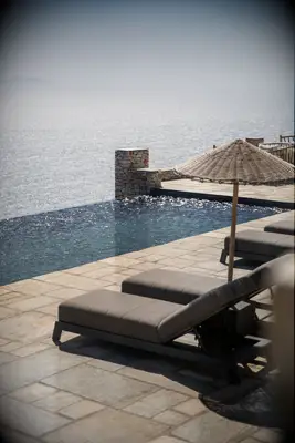 Poolside views of the ocean at Verina Astra in Greece