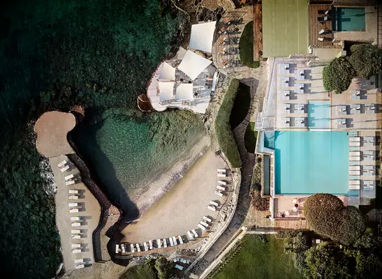 St. Nicolas Bay aerial view of gorgeous resort in crete
