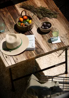 cooking class. beautiful fresh fruit and veggies on table rustic setting at the rooster greece