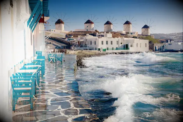 The blue and white coastline of Mykonos in Greece